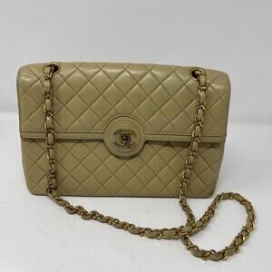 CHANEL CC Chain Shoulder Bag Beige Single Flap Quilted Lambskin Vintage Auth